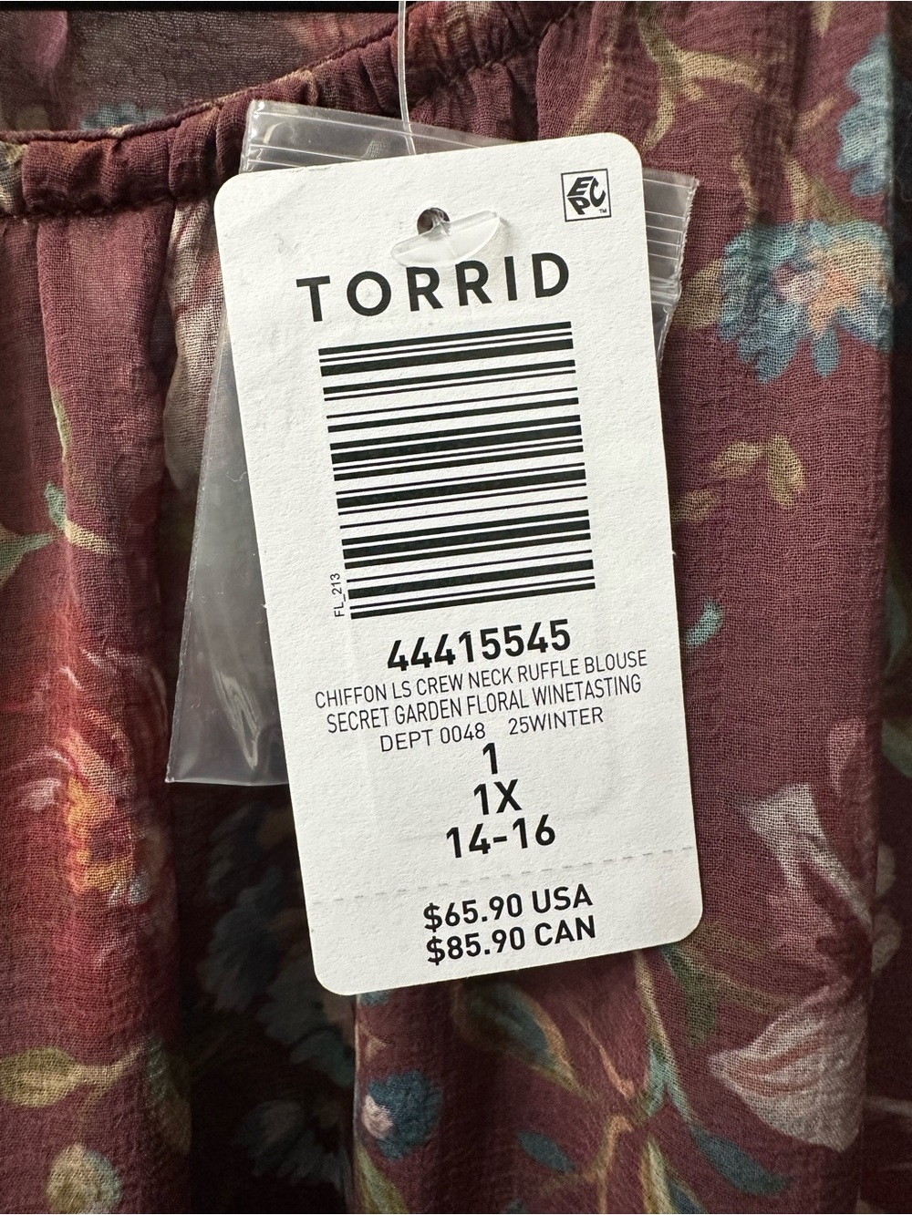 Torrid Top Long Sleeve Blouse Ruffle Sheer Burgundy Blue Floral 1X NWT - Picture 4 of 6